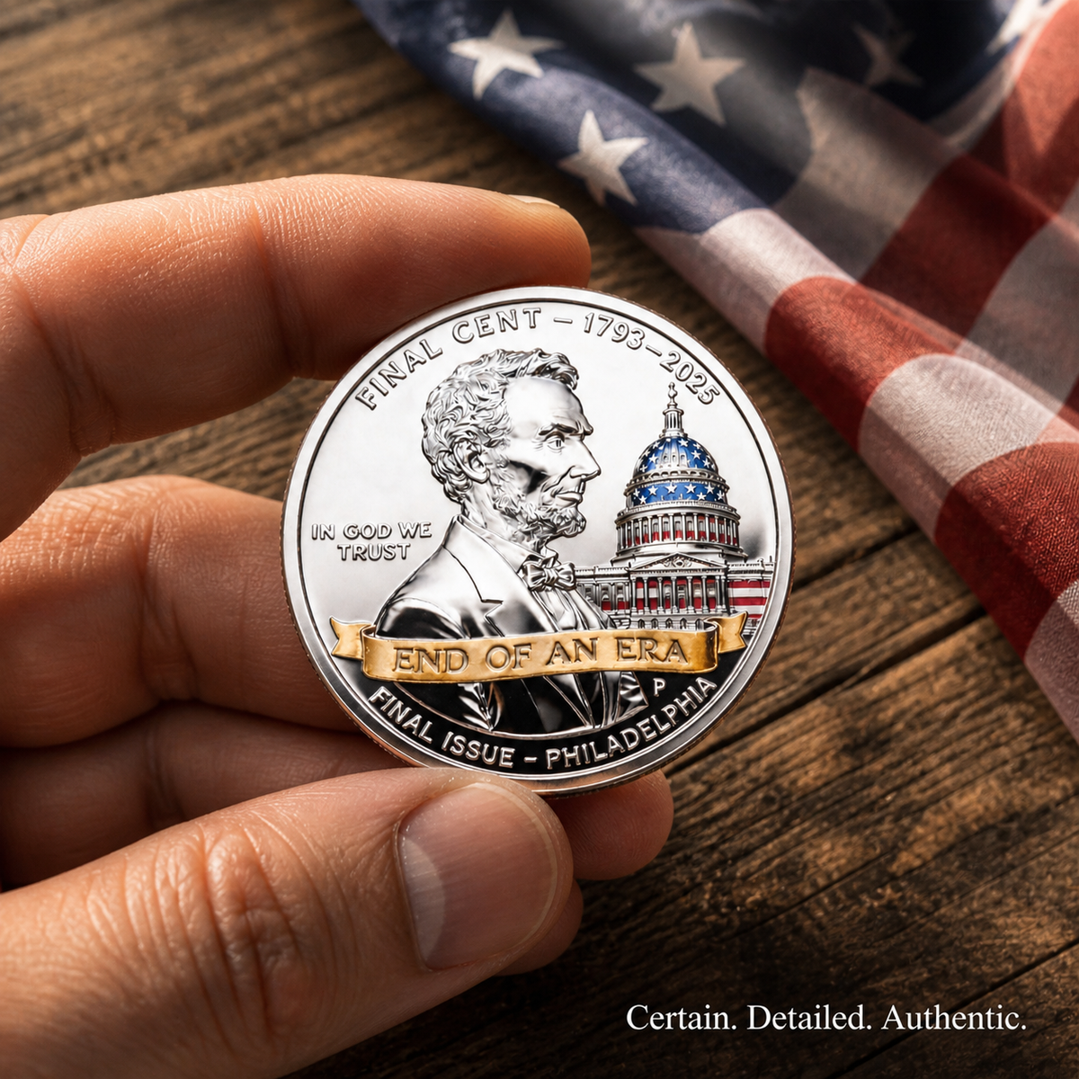 Final Cent coin held in hand