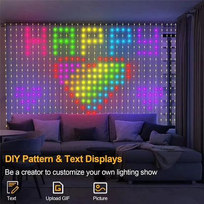 Texto y figuras creados con la app en la cortina LED