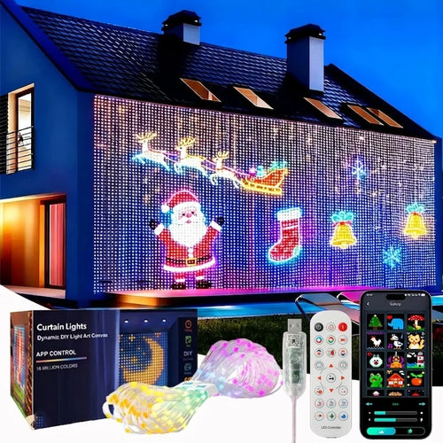 Cortina LED con dibujos de Navidad en la fachada de una casa