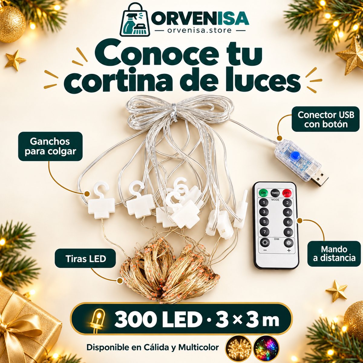 Cortina de Luces LED 300 LED (3 × 3 m) Orvenisa