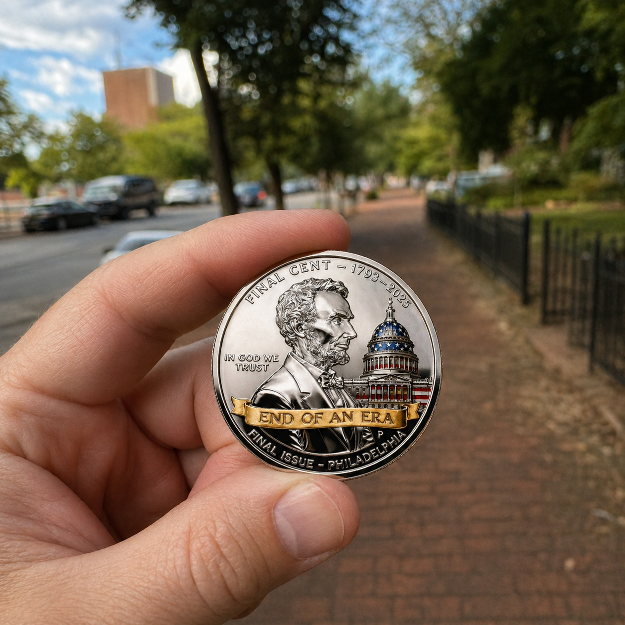 Final Cent coin held up on a city sidewalk